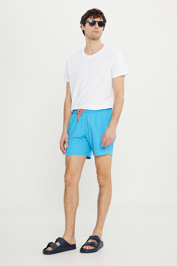 Erkek Mavi Hızlı Kuruyan Yan Cepli Desenli Standart Fit Normal Kesim Deniz Şortu Mayo - 7