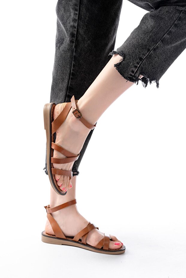 205-209 Tan Genuine Leather Buckle Flip Flops Women's Sandals