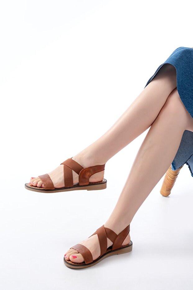 205-04 Tan Single Strap Elastic Genuine Leather Orthopedic Sole Women's Sandals