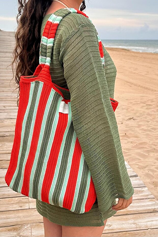 Women's Striped Multicolor Lined Knitwear Hand&Shoulder Beach Bag Orange-Green Chax816