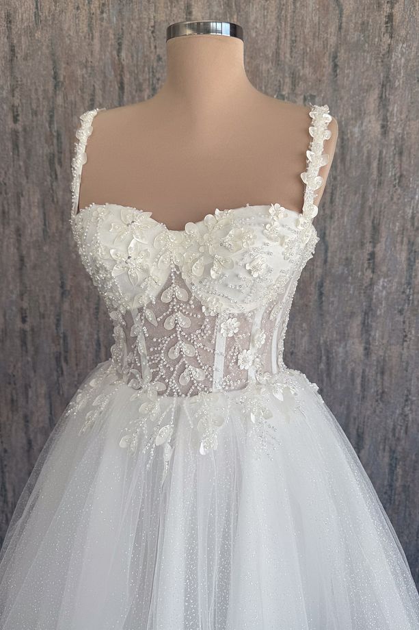 Beyaz Simli Üç Boyutlu Yaprak Desen Mini Parti ve Nikah Elbisesi - 2