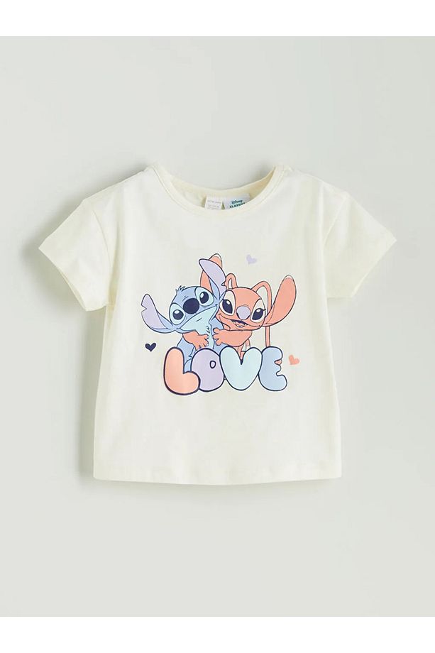 LCW baby Ekru Lilo & Stitch Baskılı Kız Bebek Şortlu Pijama Takım - 2