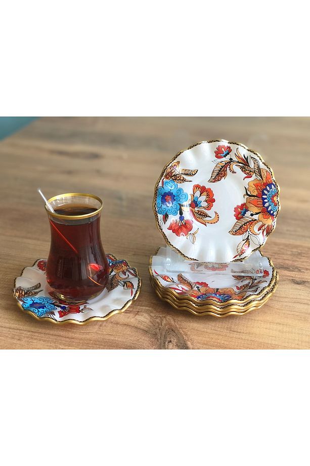 Beyaz Çiçek Desenli Kıvrımlı Çay Tabağı 6 Adet - 1