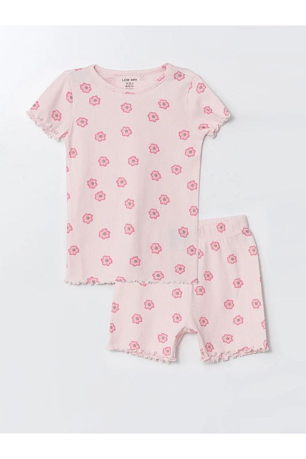 LCW baby Pembe Bisiklet Yaka Kız Bebek Şortlu Pijama Takımı - 3