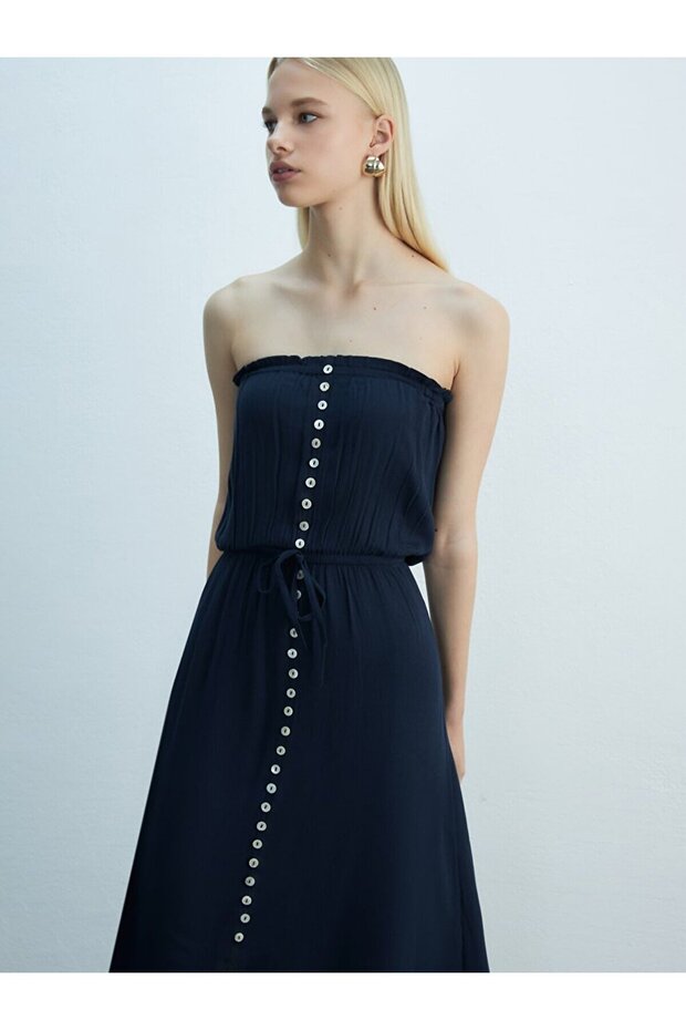 Basıc Düğmeli Lacivert Elbise - 4