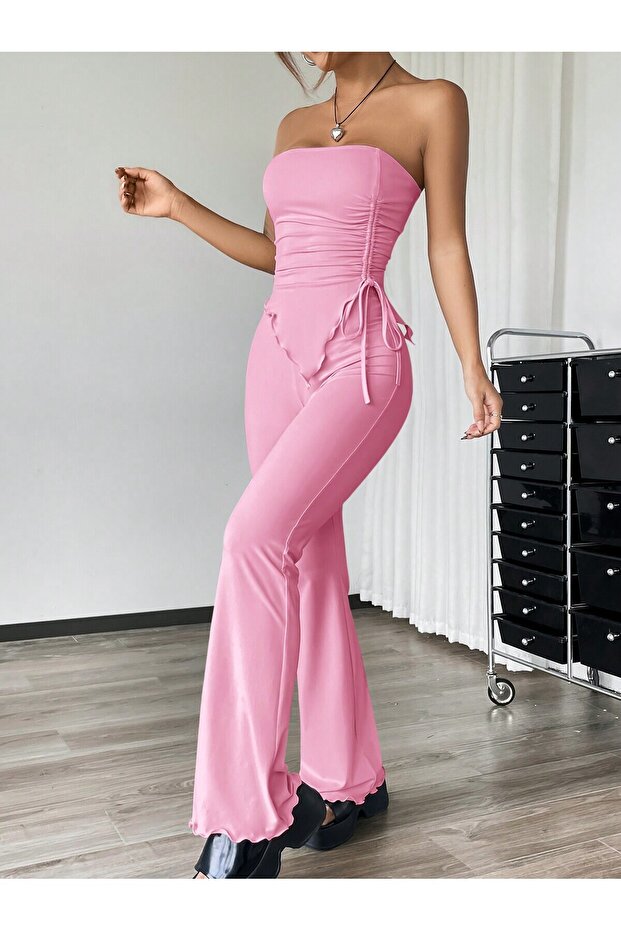 Pink Strapless Ruched Asymmetric Flared Pants Set