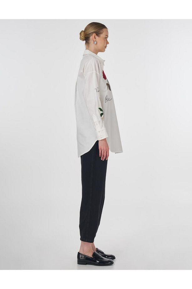 Nakış ve Slogan İşlemeli Poplin Tunik Ekru - 6