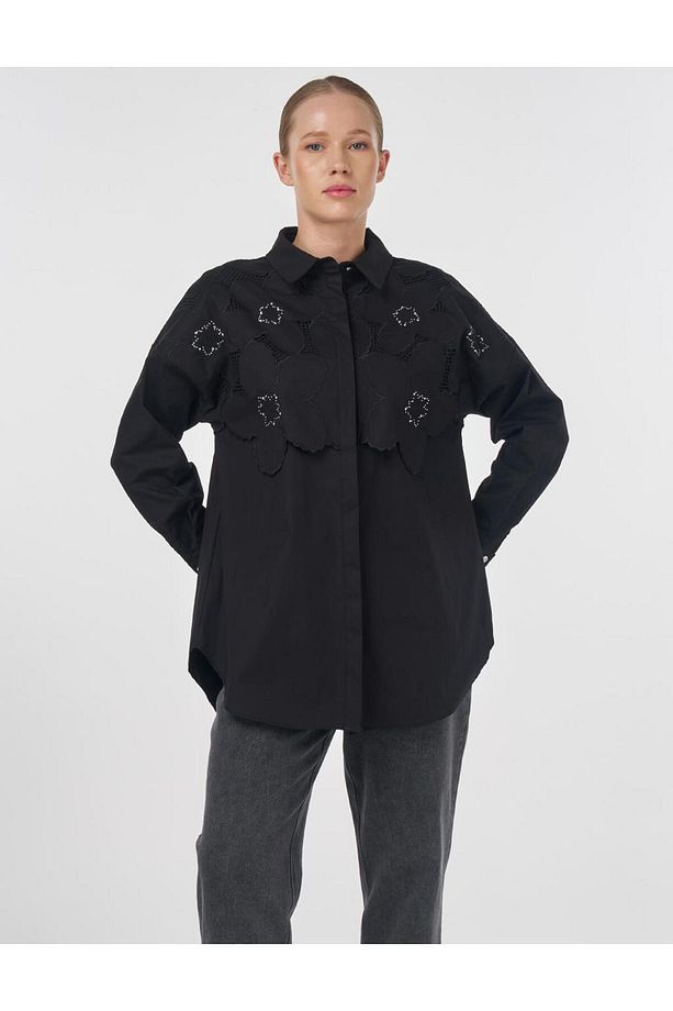 Nakış Aplikeli Poplin Tunik Siyah - 1