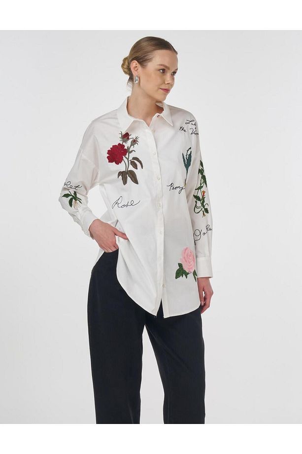 Nakış ve Slogan İşlemeli Poplin Tunik Ekru - 1