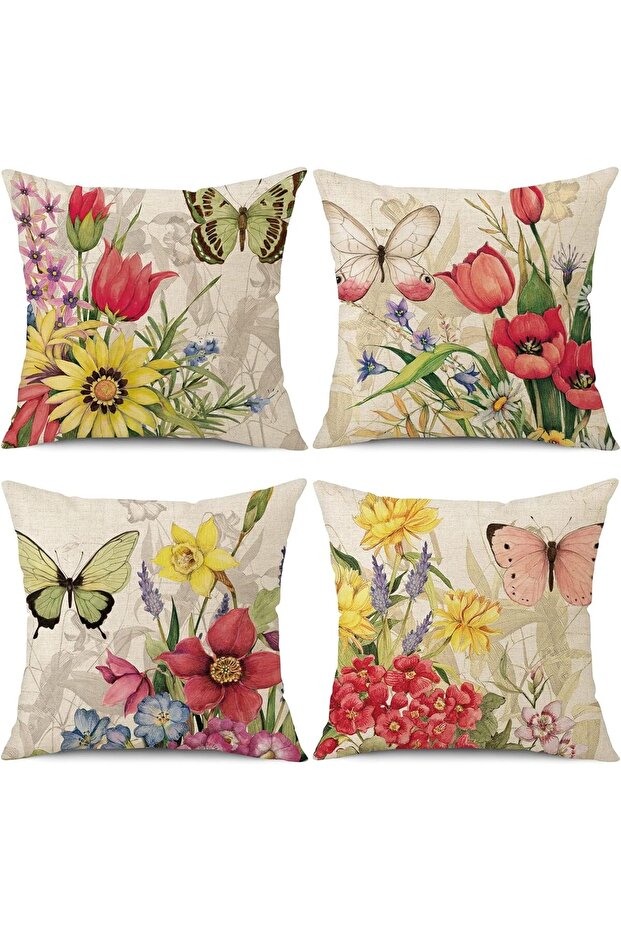 4Pc 18x18in Square Decorative Spring Pillow Covers - Floral Butterfly Linen Print