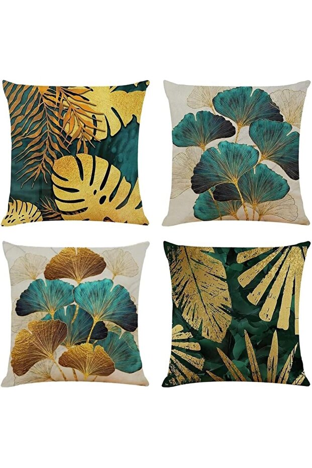 Cushion Covers Linen 45x45cm (18x18) 4 PCS Green Gold Leaves Throw Pillow Covers