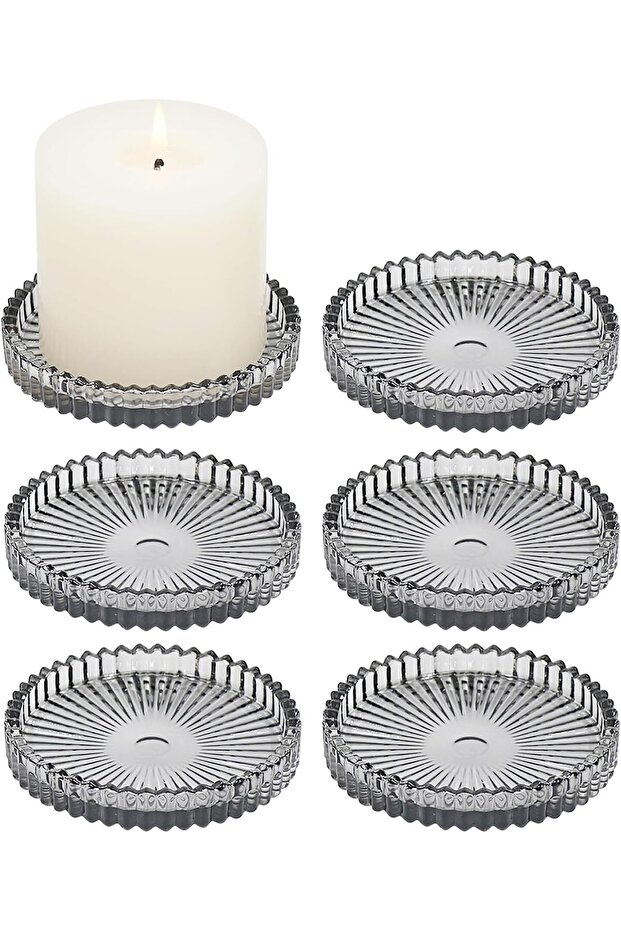6 Pack Glass Candle Holders, 4" Round Plate for Pillar Candles (Gray)