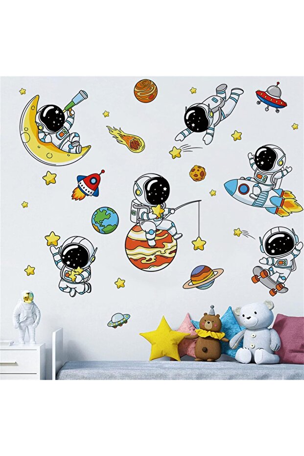 Lovely Astronauts and Planet Wall Decals, Space Art Removable Vinyl Stickers