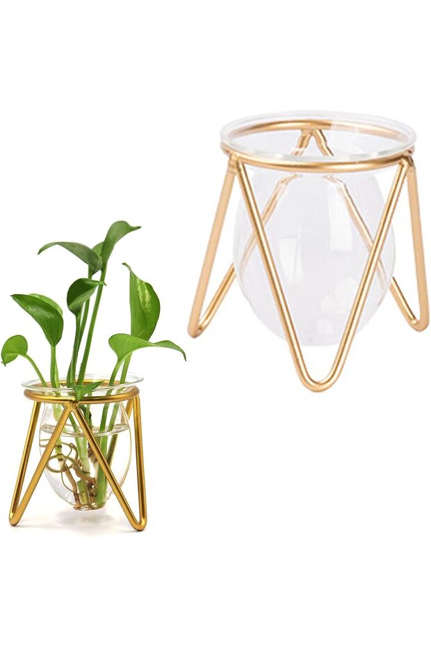 Glass Vase with Metal Stand - Gold Geometric Small Flower Vase