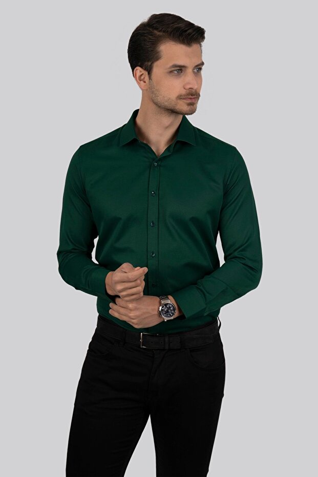 قميص Slimfit للرجال باللون الأخضر الحناء - أزرار مربعة مع صندوق هدايا