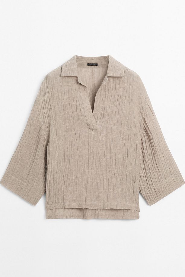 Flowing open-neck linen blend blouse - 5