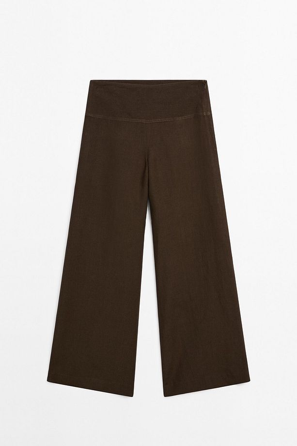 %100 keten yüksek bel geniş paça pantolon - 5