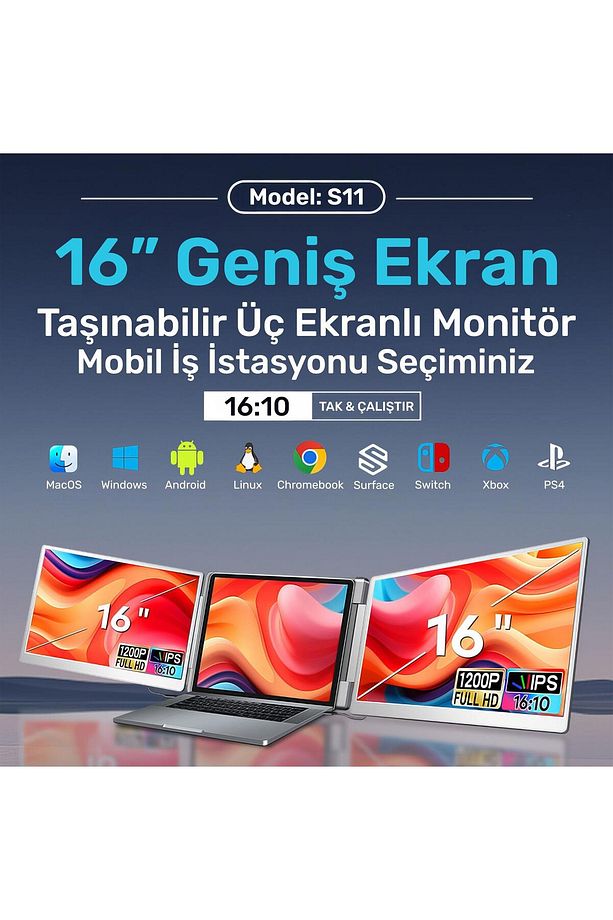 NPM11 16" FHD 1200p IPS Type-C Taşınabilir 2'li Monitör Çoklayıcı Standlı Notebook Monitör - 2