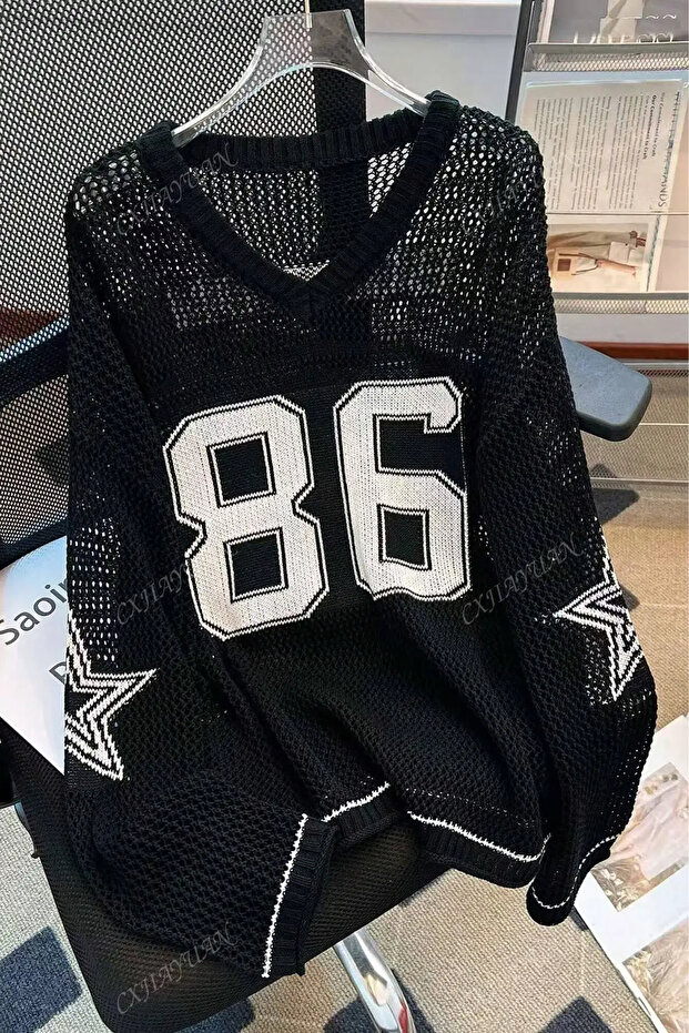 Boston 86 Knitwear Sweater Oversize Star Patterned Women's Sweater – White/Black/Brown