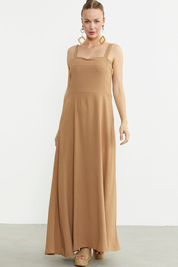 İnce Askılı Uzun Krep Elbise - Kamel - 4