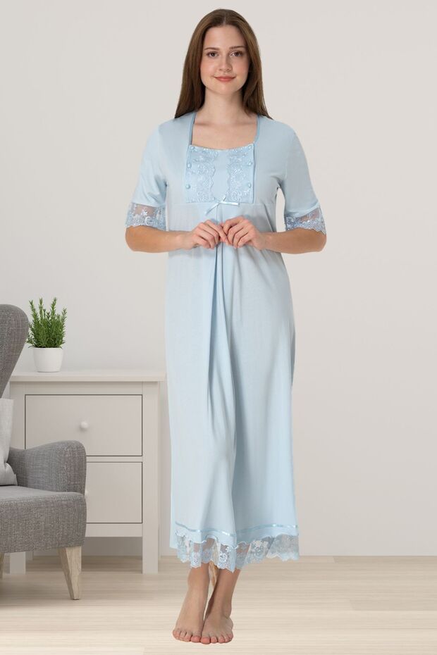 Effortt Blue Lace Short Sleeve Maternity Nightgown