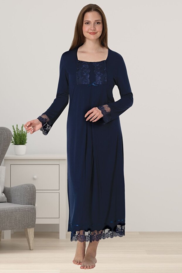 Effortt Navy Blue Lace Maternity Nightie