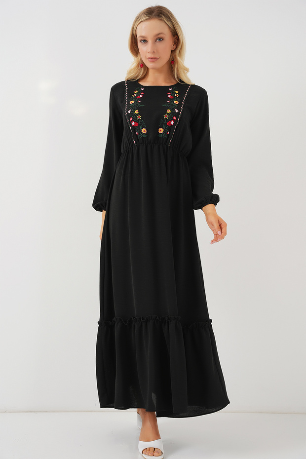 Women's Embroidered Long Hijab Dress 2550 - Black