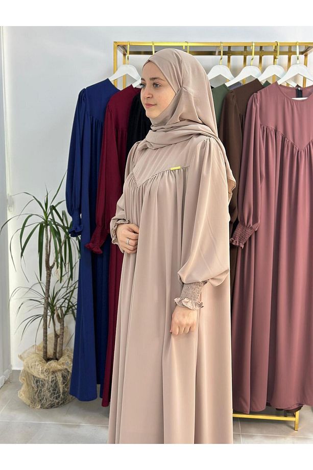 tesettür önü V model büzgülü elbise ,sufle esarp takım ,abaya hijap bej renk - 3