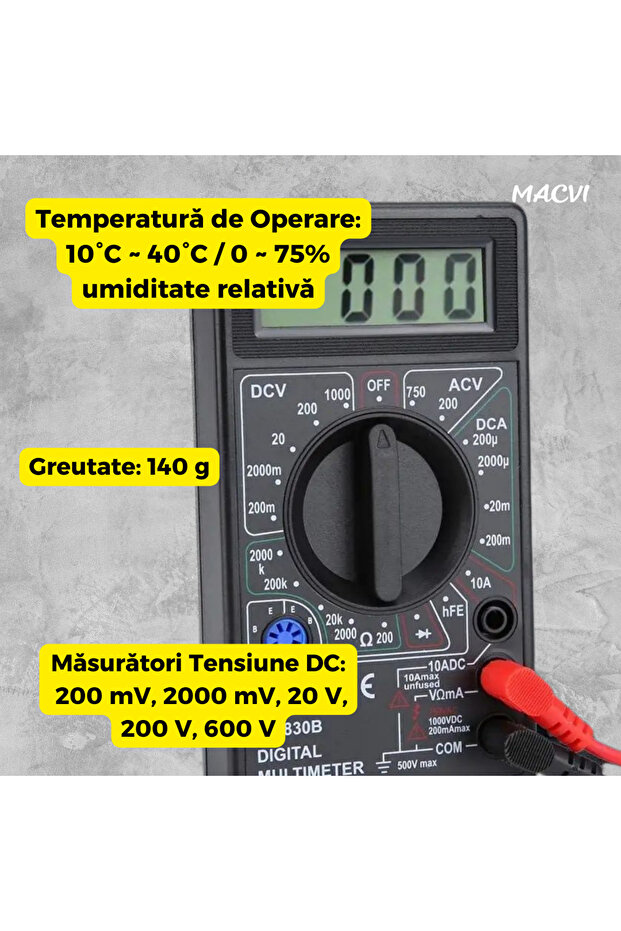 Macvi® Digital Multimeter with LCD Display, 19 Measurement Scales, 2 Testers, Black - 4