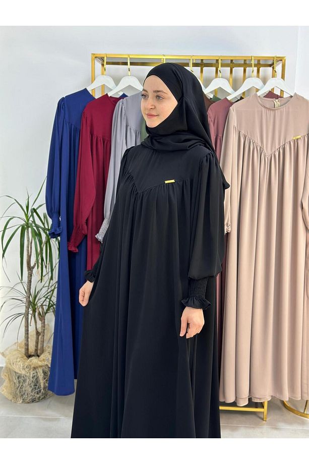 tesettür önü V model büzgülü elbise ,sufle esarp takım ,abaya hijap siyah - 4