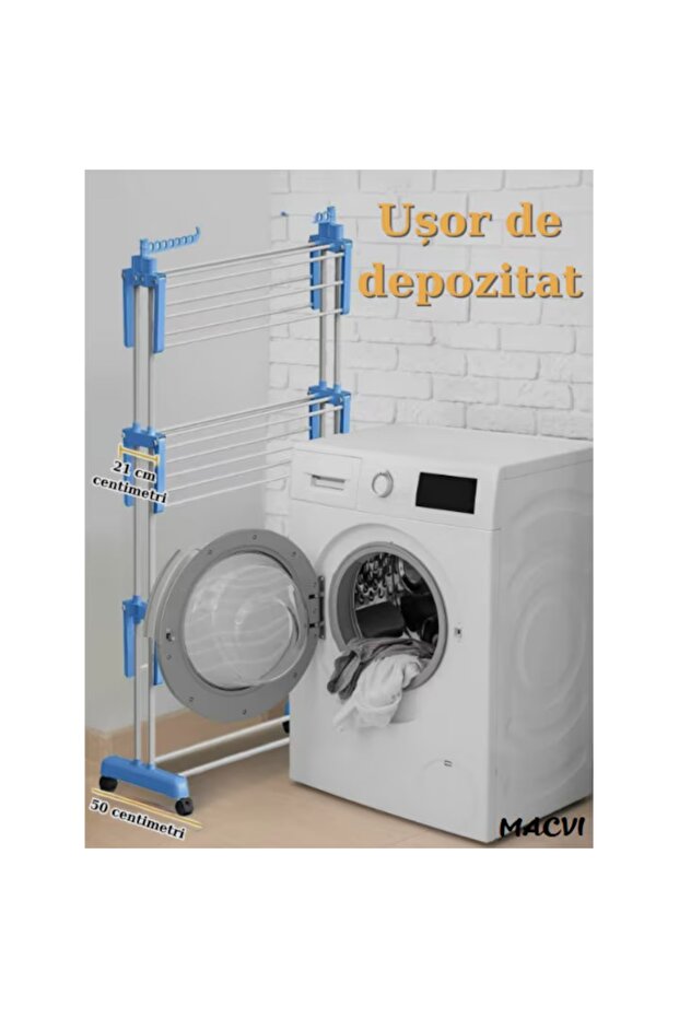 Κάθετο στεγνωτήριο ρούχων Macvi®, με 3 επίπεδα στεγνώματος, κινητό, πτυσσόμενο, κρεμάστρα, μπλε - 2