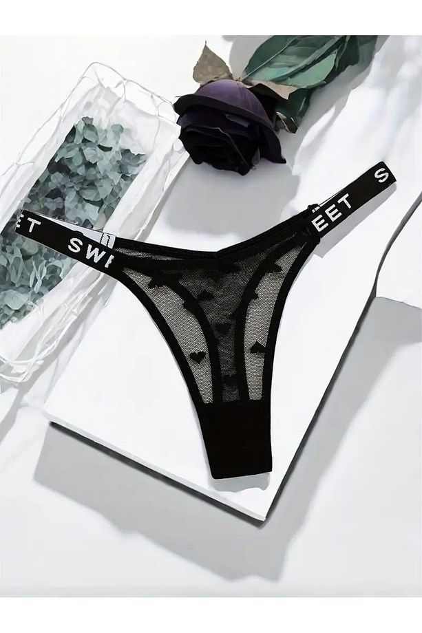 Zarif Poliamid Karışımlı Tanga - Kalp Desenli, Kontrastlı File Tasarım, G-String Tanga Külot - 2