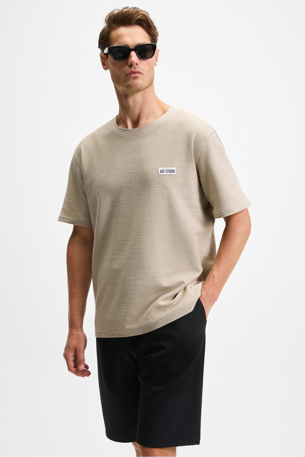 Noir Men's 100% Organic Cotton Crew Neck Short Sleeve Regular Beige T-Shirt