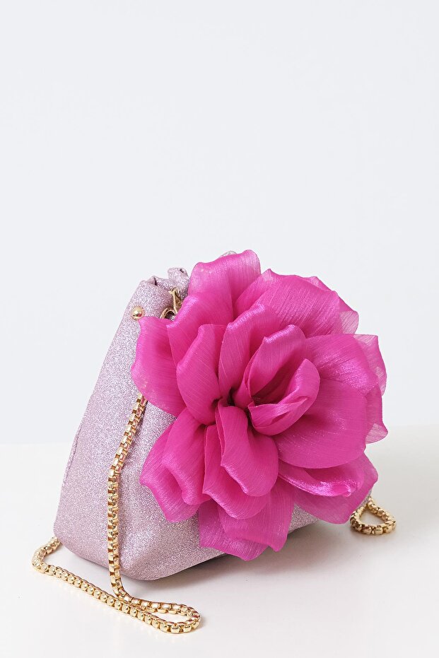 Çiçekli Simli Mini Bucket Çanta - 3