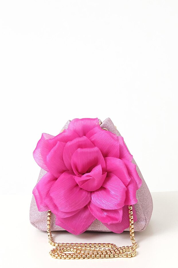 Çiçekli Simli Mini Bucket Çanta - 1