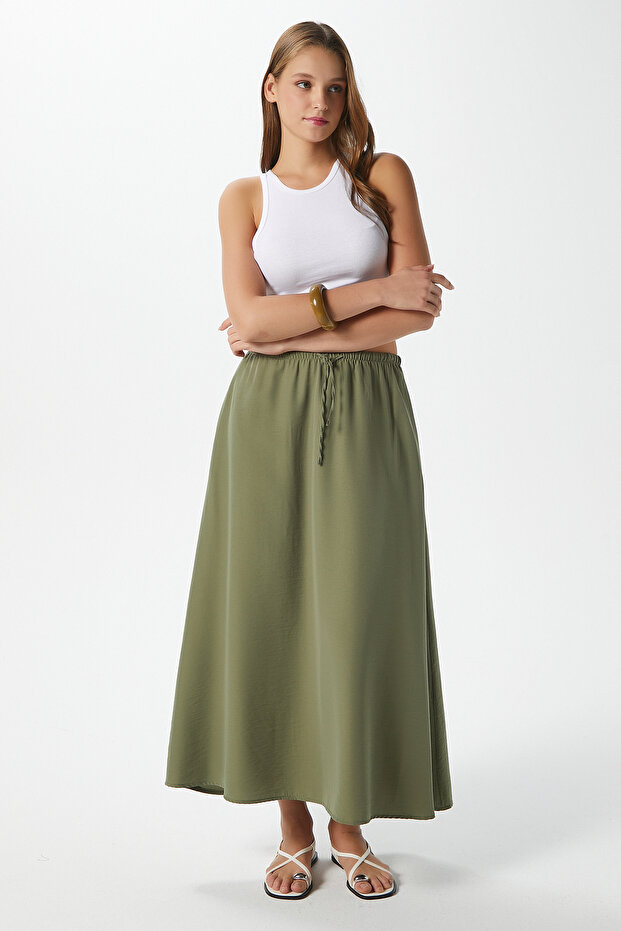Women's Trend Modal Cool Fabric Khaki Elastic Waist Pocket Comfortable Fit Long Skirt