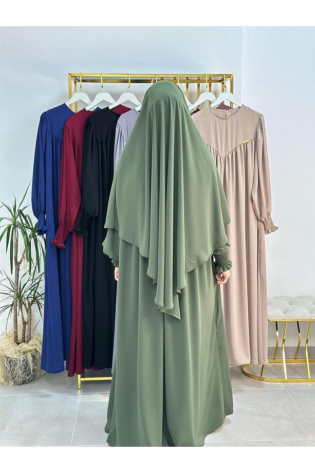 tesettür önü V model büzgülü elbise ,sufle esarp takım ,abaya hijap yeşil - 3