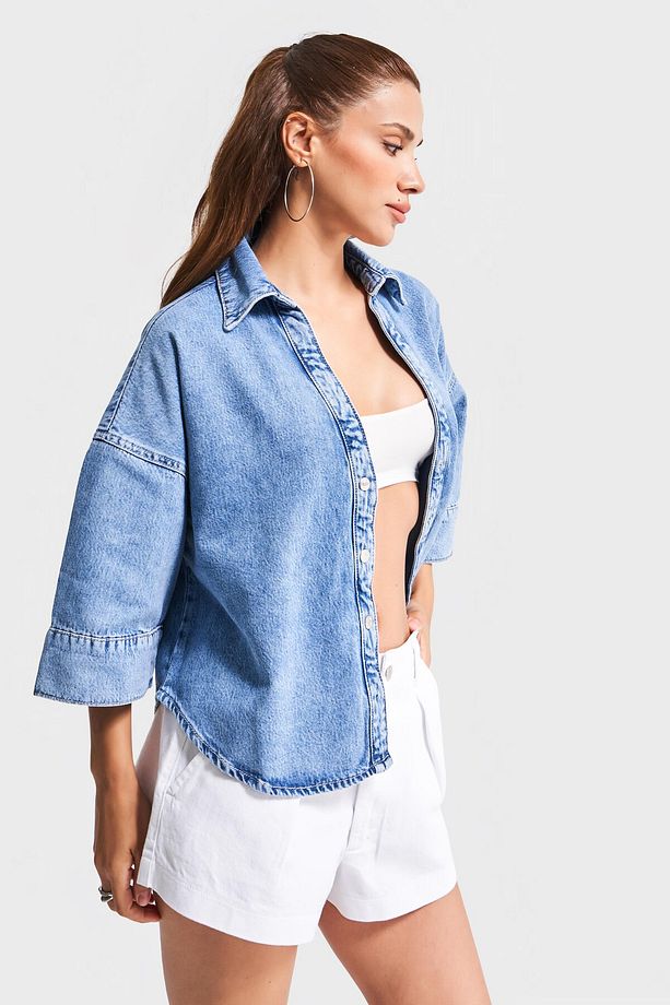 Kadın Mavi Renk 1s5-4 Önü Düğmeli Bol Kesim Denim Ceket Gömlek - 5