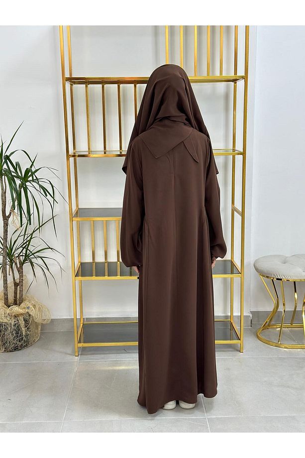 kız cocuk tesettür uzun elbise,namaz kıyafetı ,sufle esarp takım kahve - 6