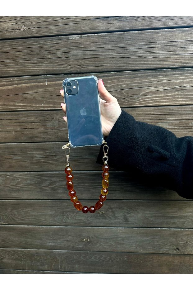 iPhone 13-14 Compatible Stone Detailed Strap and Transparent Case - Design Phone Case and Strap