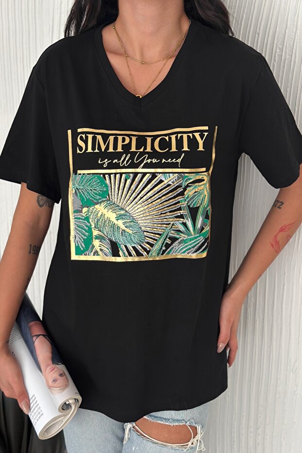 Women's Black V-Neck Large Size Leaf Sequin Sequin Embroidered 100% Cotton Large Size T-Shirt