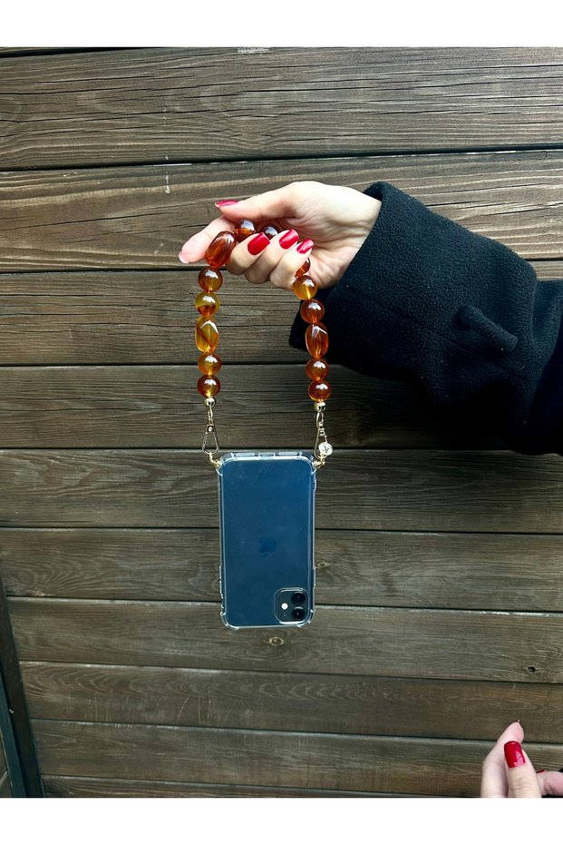 iPhone 15 Pro Compatible Stone Detailed Strap and Transparent Case - Design Phone Case and Strap