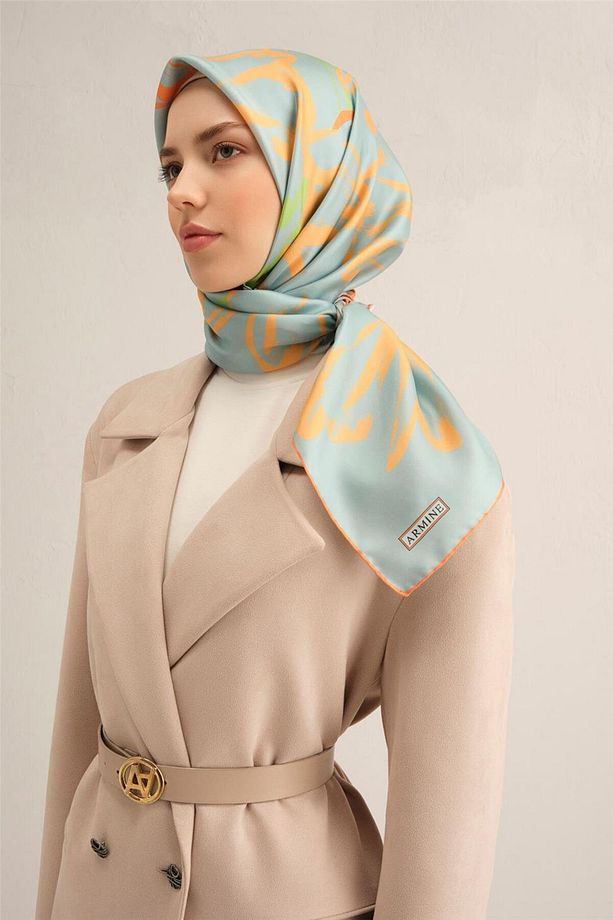 Desenli Saf Ipek Twill Eşarp 9322- 04 - 3