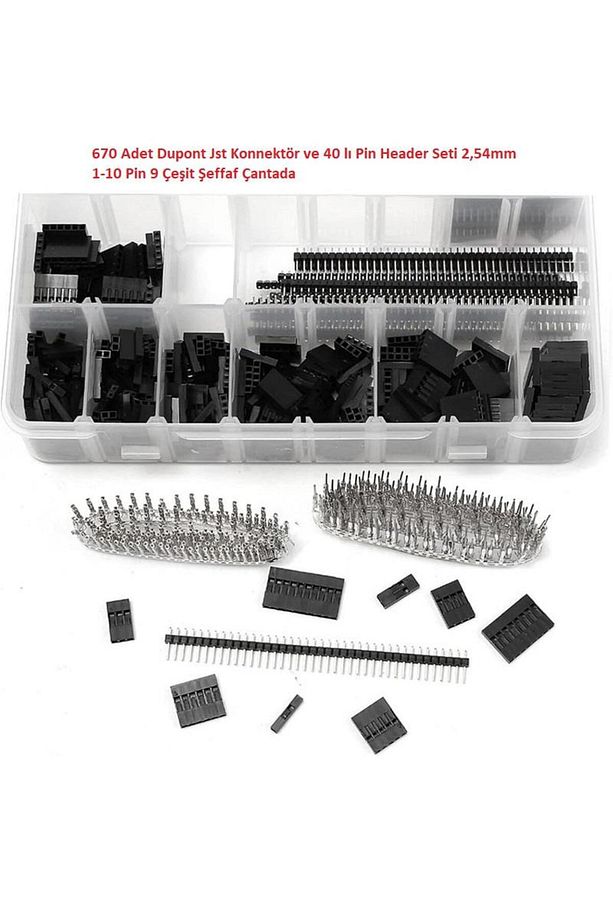 670 Adet Dupont Jst Konnektör ve 40 lı Pin Header Seti 2,54mm 1-10 Pin 9 Çeşit Şeffaf Çantada - 1