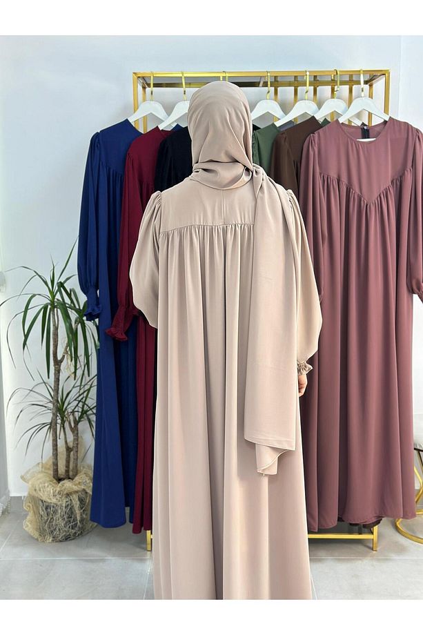 şallı takım,tesettür önü V model büzgülü elbise ,abaya hijab,ferrace hac ve umre ıcınde uygundur bej - 2