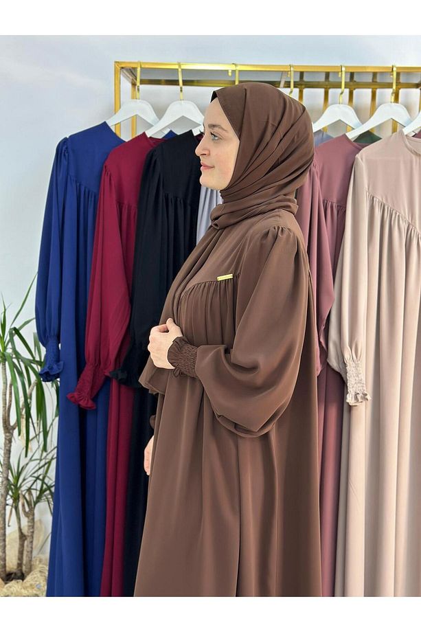 şallı takım,tesettür önü V model büzgülü elbise,abaya hijab,ferrace hac ve umre ıcınde uygun kahve - 6