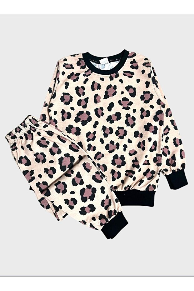 Girl's Cotton Cream Color Leopard Patterned Long Sleeve Seasonal Pajama Set