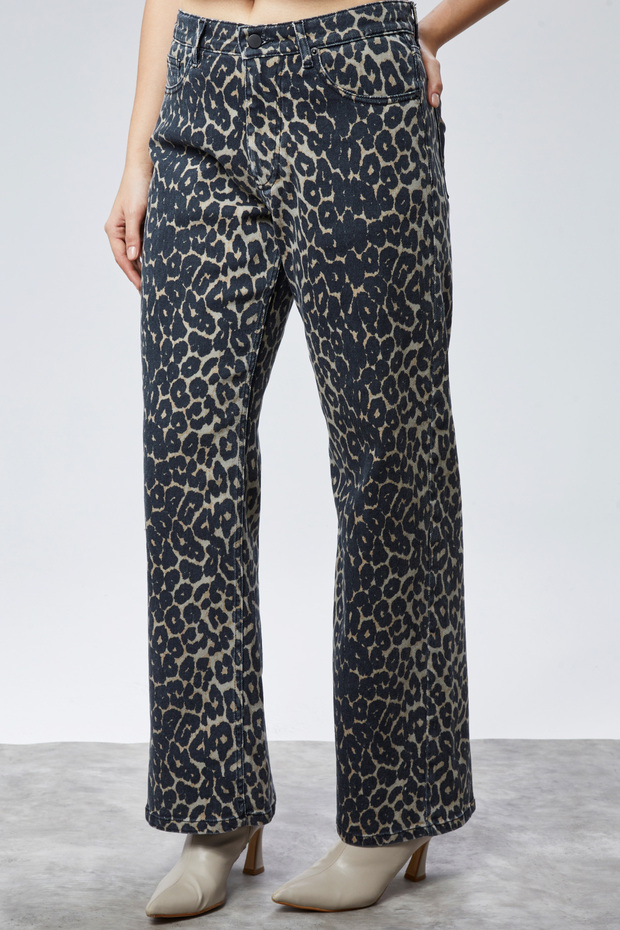 Leopard Patterned Palazzo High Waist Stretchy Jean Trousers C613 Beige
