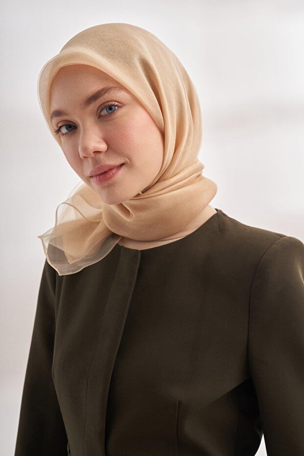 %30 İpek Çift Kat Tüllü Eşarp - Bej - 3