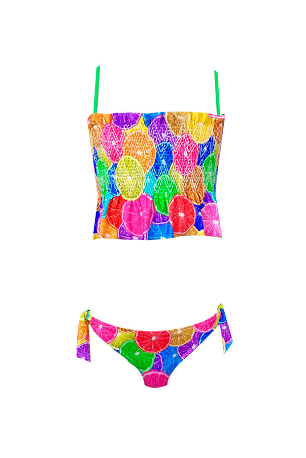 Strappy Colorful Orange Pattern Uv50 Girls Bikini Set by Nessi Byrd